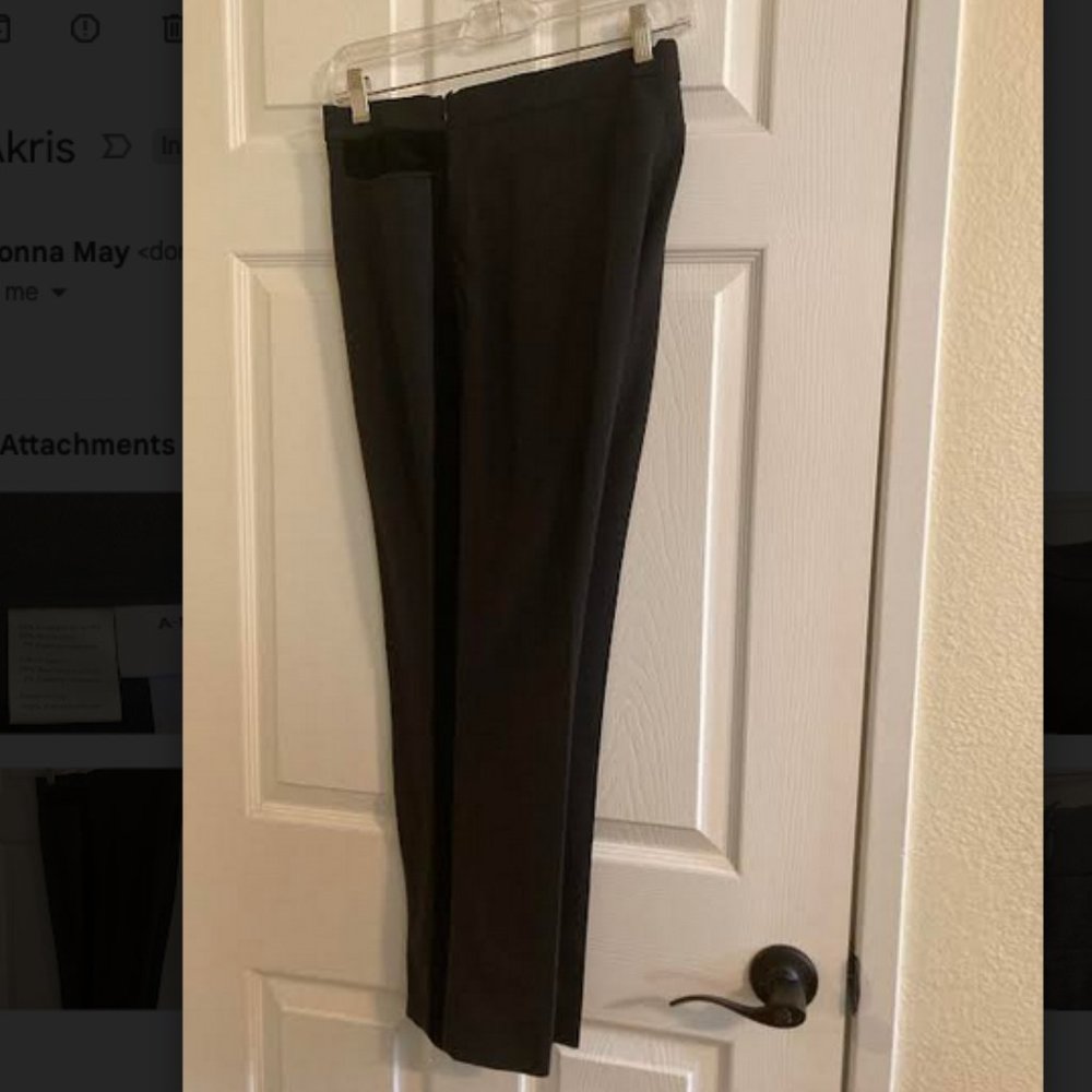 Akris Punto gray tuxedo ankle pants w/ black velvet side stripes, sz 12